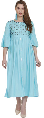 A R J FASHION Women A-line Light Blue Midi/Calf Length Dress