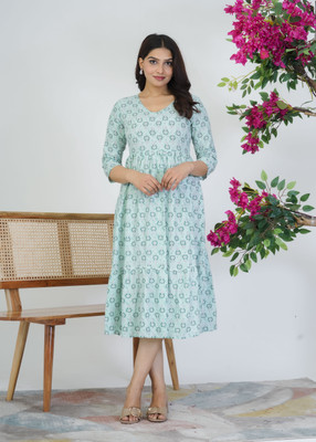 SSS OVERSEAS Women Gathered Green Below Knee Dress