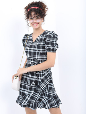 KETCH Women Wrap Black, White Mini/Short Dress