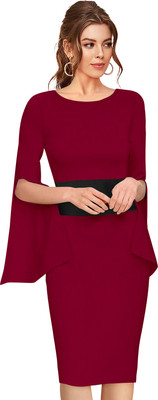 HEER FASHION Women Bodycon Maroon Knee Length Dress