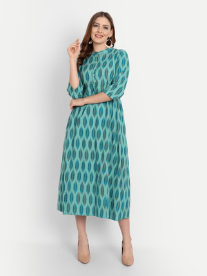 githaan Women A-line Light Blue, Green Midi/Calf Length Dress