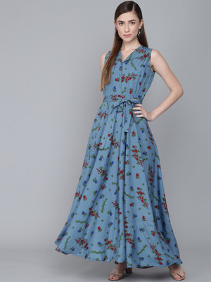 Rudraaksha Women Fit and Flare Blue Maxi/Full Length Dress