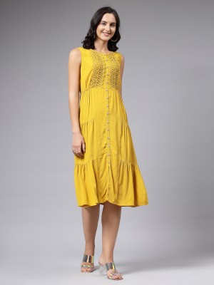 AAYU Women Fit and Flare Yellow Dress