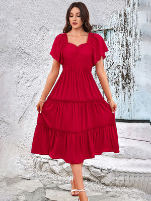 HOC's Women Fit and Flare Red Midi/Calf Length Dress