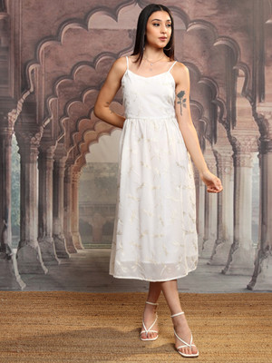 Vishudh Women A-line White Midi/Calf Length Dress