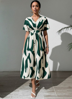 Leriya Fashion Women Fit and Flare Black, White Midi/Calf Length Dress