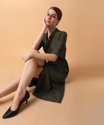 SHOWOFFFF Women A-line Dark Green Midi/Calf Length Dress
