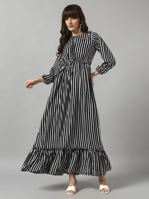 Krunal Raiyani Women Fit and Flare White, Black Maxi/Full Length Dress