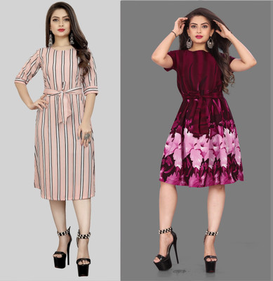 tanvi creation Women Fit and Flare Multicolor Midi/Calf Length Dress