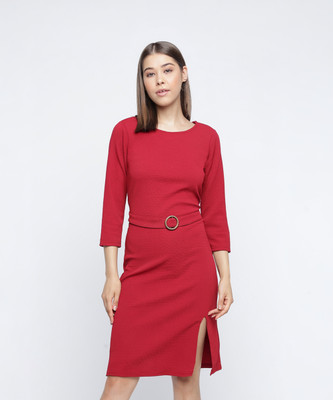MAYRA Women Bodycon Red Above Knee/Mid Thigh Length Dress