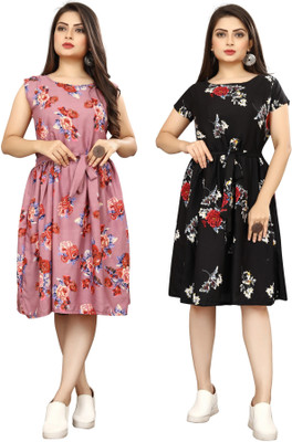 HouseOfCommon Women Fit and Flare Pink Knee Length Dress