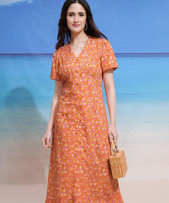 Tokyo Talkies Women Fit and Flare Pink Midi/Calf Length Dress