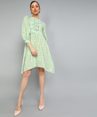 KILLER Women Asymmetric Green Knee Length Dress
