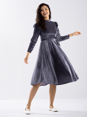 AASK Women Fit and Flare Grey Knee Length Dress