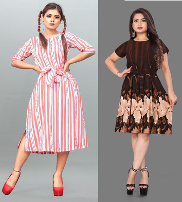 tanvi creation Women Fit and Flare Brown Below Knee Dress