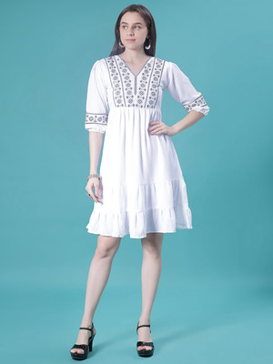 V-MART Women A-line White Above Knee/Mid Thigh Length Dress