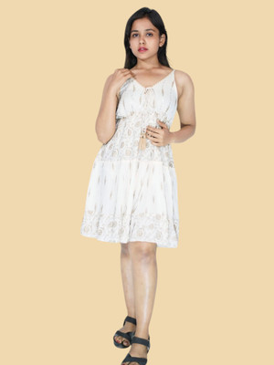 Tylaent Women Fit and Flare White Above Knee/Mid Thigh Length Dress