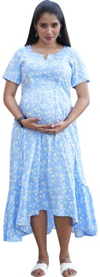 Ziva Maternity Wear Women A-line Light Blue, White, Yellow Dress