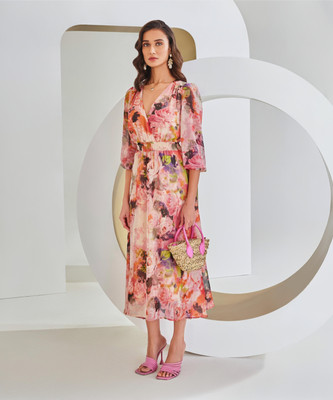 CRIMSOUNE CLUB Women Wrap Multicolor Midi/Calf Length Dress