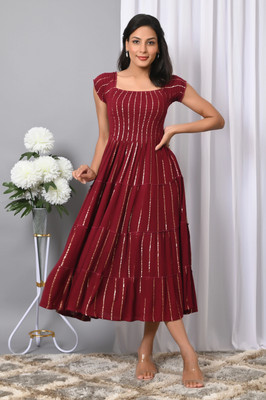 VYMO Women Fit and Flare Maroon Midi/Calf Length Dress