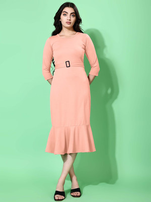 Attire Empire Women Bodycon Beige Midi/Calf Length Dress