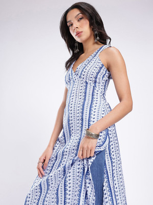 Glitchez Women Empire Waist Blue, White Midi/Calf Length Dress