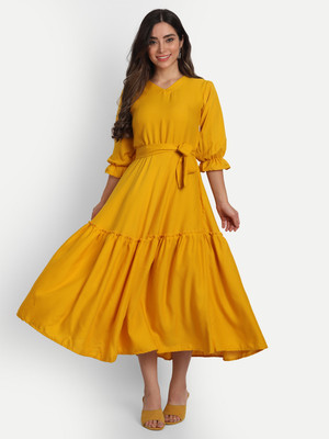 GUFRINA Women Fit and Flare Yellow Midi/Calf Length Dress