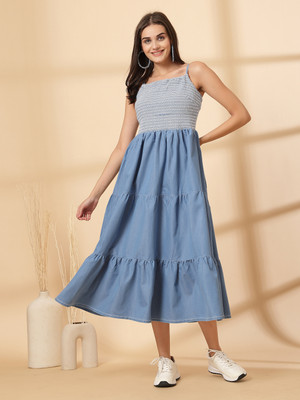 PLUSS Women Fit and Flare Blue Midi/Calf Length Dress
