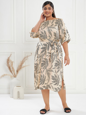 CURVE BY KASSUALLY Women A-line Beige, Green Midi/Calf Length Dress
