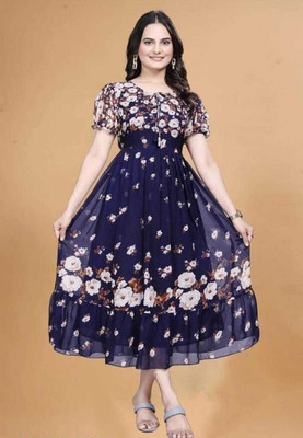 HEET TEX Women Fit and Flare Blue Midi/Calf Length Dress