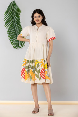 Jaipuri Bunaai Women Tiered White Knee Length Dress