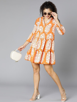 OXOLLOXO Women Fit and Flare Orange Above Knee/Mid Thigh Length Dress
