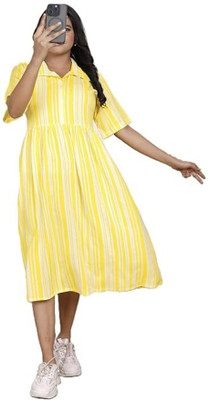 VRSS ENTERPRISES Women Fit and Flare Yellow, White Midi/Calf Length Dress