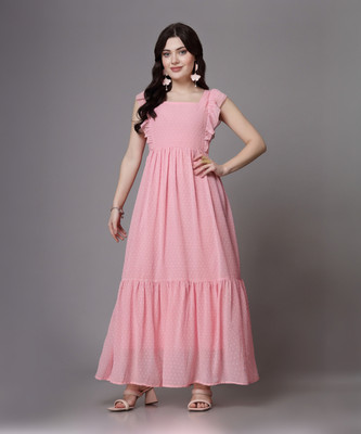 AAYU Women Fit and Flare Pink Midi/Calf Length Dress