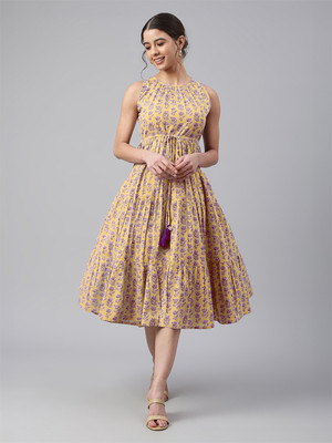 Janasya Women Tiered Yellow Midi/Calf Length Dress