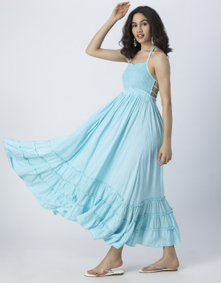 moomaya Women Fit and Flare Green Maxi/Full Length Dress