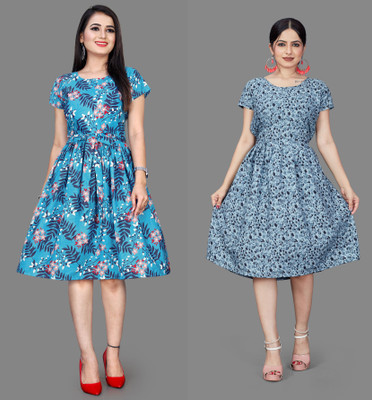 MAHADEV Women Fit and Flare Blue Mini/Short Dress