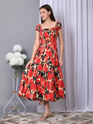 VYMO Women Fit and Flare Red Midi/Calf Length Dress