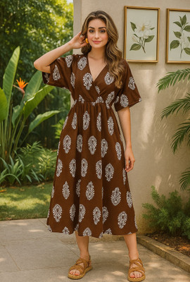 SRP Enterprises Women A-line Brown, White Midi/Calf Length Dress