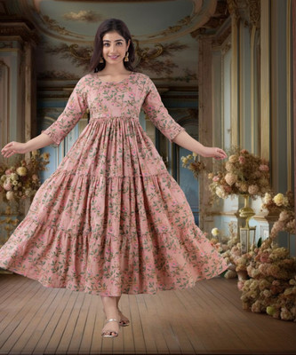 simran Women Fit and Flare Pink Maxi/Full Length Dress