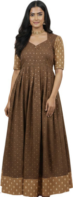 Putchi Women Fit and Flare Brown Maxi/Full Length Dress