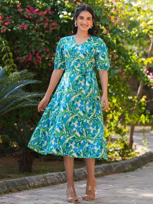 Janasya Women Fit and Flare Blue Midi/Calf Length Dress