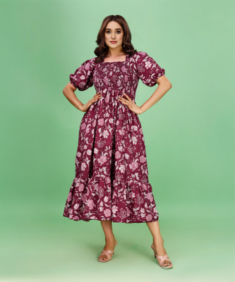 amar fashion Women Fit and Flare Maroon Midi/Calf Length Dress