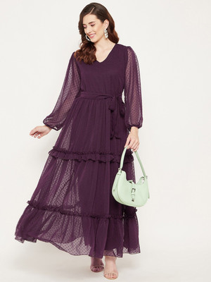 BITTERLIME Women Fit and Flare Maroon Maxi/Full Length Dress