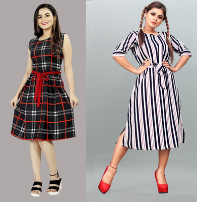 tanvi creation Women Fit and Flare Maroon Midi/Calf Length Dress