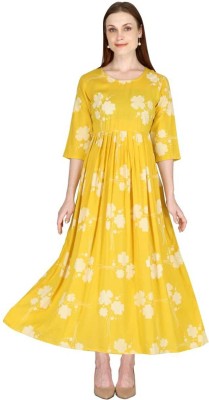 Madhurima Collection Women Fit and Flare Yellow, White Dress