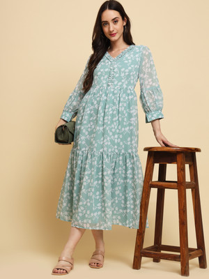 SWAGG INDIA Women Fit and Flare Light Blue, White Midi/Calf Length Dress