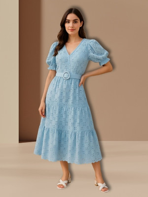MARC LOUIS Women Fit and Flare Blue Midi/Calf Length Dress