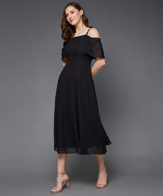 Miss Chase Women A-line Black Midi/Calf Length Dress