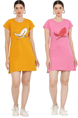 PREE GOO Women Ethnic Dress Yellow, Pink Above Knee/Mid Thigh Length Dress